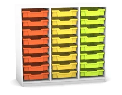 Flexeo Regal PRO mit 3 Reihen und 24 kleinen Boxen Dekor weiß, Sockel, Boxen orange gelb grün