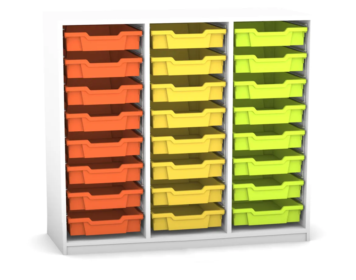 Flexeo Regal PRO mit 3 Reihen und 24 kleinen Boxen Dekor weiß, Sockel, Boxen orange gelb grün