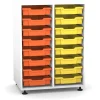 Flexeo Regal PRO mit 2 Reihen und 16 kleinen Boxen Dekor weiß, Stellfüße, Boxen orange gelb