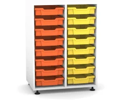 Flexeo Regal PRO mit 2 Reihen und 16 kleinen Boxen Dekor weiß, Stellfüße, Boxen orange gelb