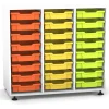 Flexeo Regal PRO mit 3 Reihen und 24 kleinen Boxen Dekor weiß, Stellfüße, Boxen orange gelb grün