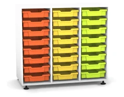 Flexeo Regal PRO mit 3 Reihen und 24 kleinen Boxen Dekor weiß, Stellfüße, Boxen orange gelb grün