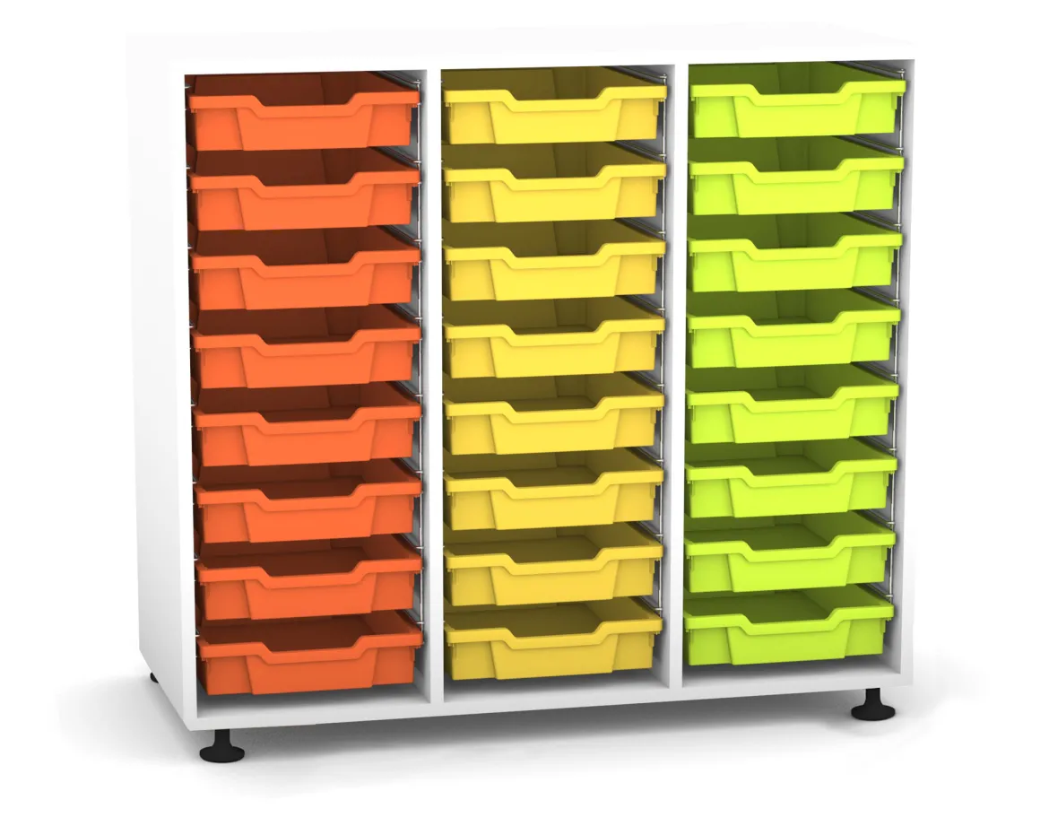 Flexeo Regal PRO mit 3 Reihen und 24 kleinen Boxen Dekor weiß, Stellfüße, Boxen orange gelb grün