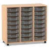 Flexeo Regal PRO mit 3 Reihen und 24 kleinen Boxen transparent, Buche hell mit Rollen