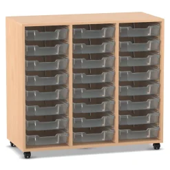 Flexeo Regal PRO mit 3 Reihen und 24 kleinen Boxen transparent, Buche hell mit Rollen