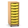 Flexeo Regal PRO mit 1 Reihe, Rollen, inkl. 8 kleine Boxen gelb, Dekor: Buche hell