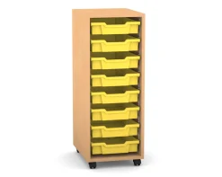 Flexeo Regal PRO mit 1 Reihe, Rollen, inkl. 8 kleine Boxen gelb, Dekor: Buche hell
