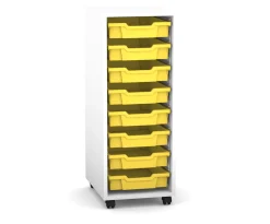 Flexeo Regal PRO mit 1 Reihe, Rollen, inkl. 8 kleine Boxen gelb, Dekor: weiß