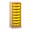 Flexeo Regal PRO mit 1 Reihe und 8 kleinen Boxen Dekor Buche hell, Sockel, Boxen gelb