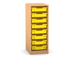 Flexeo Regal PRO mit 1 Reihe und 8 kleinen Boxen Dekor Buche hell, Sockel, Boxen gelb