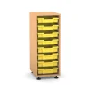 Flexeo Regal PRO mit 1 Reihe und 8 kleinen Boxen Dekor Buche hell, Stellfüße, Boxen gelb