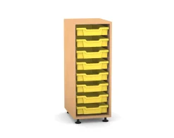 Flexeo Regal PRO mit 1 Reihe und 8 kleinen Boxen Dekor Buche hell, Stellfüße, Boxen gelb