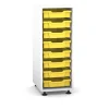 Flexeo Regal PRO mit 1 Reihe und 8 kleinen Boxen Dekor weiß, Stellfüße, Boxen gelb