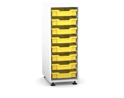 Flexeo Regal PRO mit 1 Reihe und 8 kleinen Boxen Dekor weiß, Stellfüße, Boxen gelb