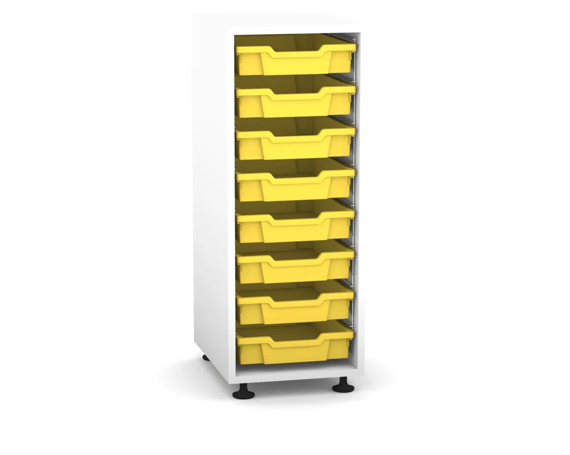 Flexeo Regal PRO mit 1 Reihe und 8 kleinen Boxen Dekor weiß, Stellfüße, Boxen gelb