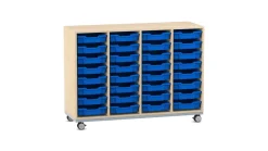 Flexeo® Regal Pro mit Stahlrahmen, Ahorn honig, 4 Reihen, 32 Boxen dunkelblau