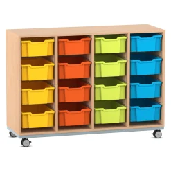 Flexeo® Regal Pro mit Stahlrahmen, Buche hell, 4 Reihen, 16 Boxen bunt A