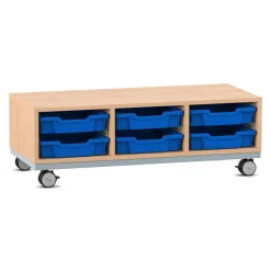 Flexeo® Regal Pro mit Stahlrahmen, Buche hell, 3 Reihen, 6 kleine Boxen blau HxBxT: 36,5x108,5x48 cm
