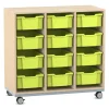 Flexeo Regal Pro mit Stahlrahmen, Dekor Ahorn honig, HxBxT: 104,1 x 108,5 x 48 cm, 3 Reihen, 12 Boxen grün, Rollen