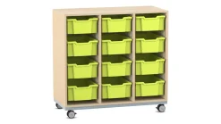 Flexeo Regal Pro mit Stahlrahmen, Dekor Ahorn honig, HxBxT: 104,1 x 108,5 x 48 cm, 3 Reihen, 12 Boxen grün, Rollen