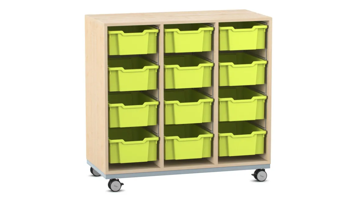 Flexeo Regal Pro mit Stahlrahmen, Dekor Ahorn honig, HxBxT: 104,1 x 108,5 x 48 cm, 3 Reihen, 12 Boxen grün, Rollen