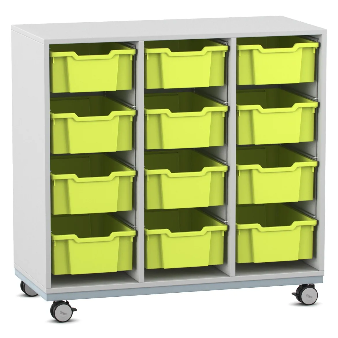 Flexeo Regal Pro mit Stahlrahmen, Dekor grau, HxBxT: 104,1 x 108,5 x 48 cm, 3 Reihen, 12 Boxen grün, Rollen