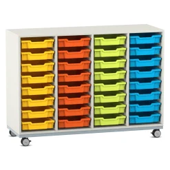 Flexeo® Regal Pro mit Stahlrahmen, Dekor weiß, 4 Reihen, 32 Boxen bunt A