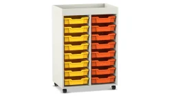 Flexeo Regal PRO, 2 Reihen, Dekor weiß, 16 kleine Boxen bunt A, Aufkantung, HxBxT: 105,6 x 73 x 48 cm Rollen