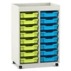 Flexeo Regal PRO, 2 Reihen, Dekor weiß, 16 kleine Boxen grün/blau, Aufkantung, HxBxT: 105,6 x 73 x 48 cm, Rollen