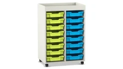 Flexeo Regal PRO, 2 Reihen, Dekor weiß, 16 kleine Boxen grün/blau, Aufkantung, HxBxT: 105,6 x 73 x 48 cm, Rollen