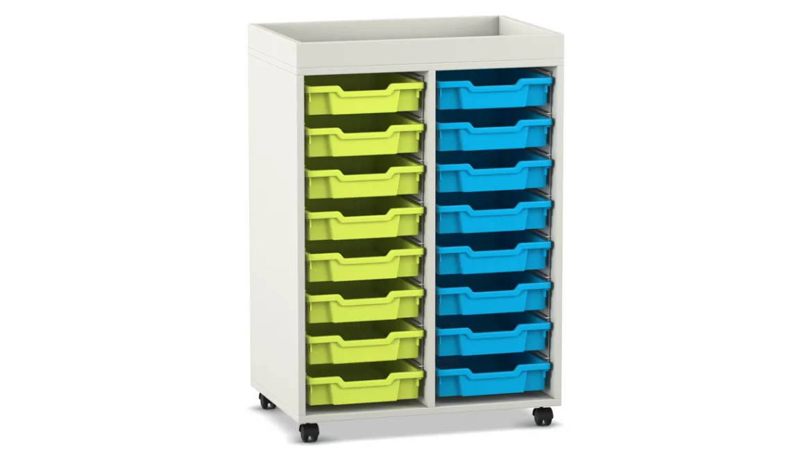 Flexeo Regal PRO, 2 Reihen, Dekor weiß, 16 kleine Boxen grün/blau, Aufkantung, HxBxT: 105,6 x 73 x 48 cm, Rollen