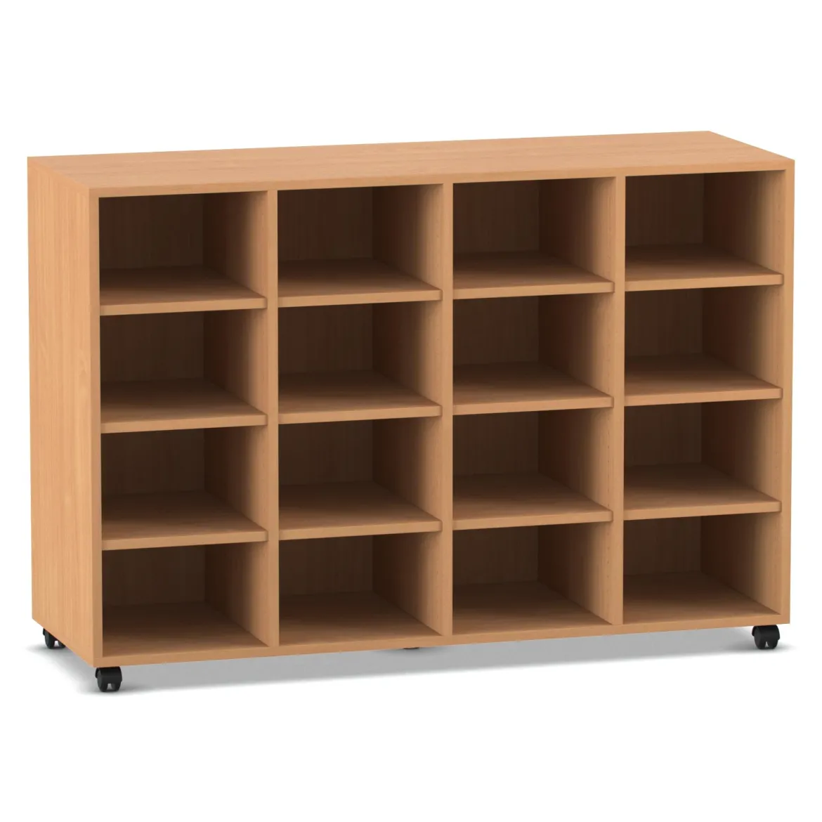 Flexeo® Regal Pro, 4 Reihen, 16 Fächer, H x B x T: 99,1 x 143,9 x 48 cm, Buche dunkel, Rollen