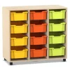 Flexeo Regal PRO, 3 Reihen, 12 große Boxen bunt A, Sockel, Ahorn honig