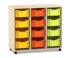 Flexeo Regal PRO, 3 Reihen, 12 große Boxen bunt A, Sockel, Ahorn honig