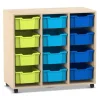 Flexeo Regal PRO, 3 Reihen, 12 große Boxen bunt B, Sockel, Ahorn honig