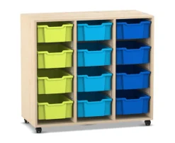 Flexeo Regal PRO, 3 Reihen, 12 große Boxen bunt B, Sockel, Ahorn honig