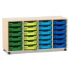 Flexeo Regal PRO, 4 Reihen, 24 kleine Boxen grün-blau, Ahorn honig mit Rollen
