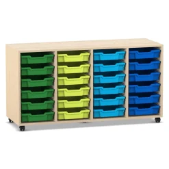 Flexeo Regal PRO, 4 Reihen, 24 kleine Boxen grün-blau, Ahorn honig mit Rollen