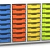 Flexeo Regal PRO weiß, HxBxT: 99.1 x 143.9 x 48 cm, mit 4 Reihen, Rollen, inkl. 32 kleinen Boxen bunt A