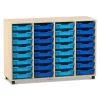 Flexeo Regal PRO weiß, HxBxT: 99.1 x 143.9 x 48 cm, 4 Reihen, 32 kleine Boxen hellblau/dunkelblau, Sockel
