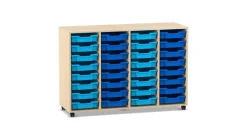Flexeo Regal PRO weiß, HxBxT: 99.1 x 143.9 x 48 cm, 4 Reihen, 32 kleine Boxen hellblau/dunkelblau, Sockel