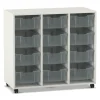 Flexeo Regal PRO weiß, 3 Reihen, 12 Boxen Größe M transparent, Rollen