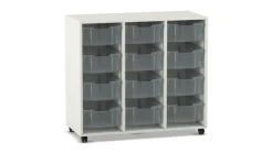 Flexeo Regal PRO weiß, 3 Reihen, 12 Boxen Größe M transparent, Rollen