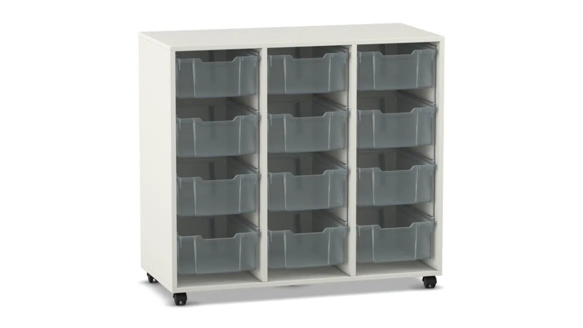 Flexeo Regal PRO weiß, 3 Reihen, 12 Boxen Größe M transparent, Rollen