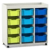 Flexeo Regal PRO weiß, 3 Reihen, 12 große Boxen bunt B, HxBxT: 105,6 x 108,5 x 48 cm,Rollen