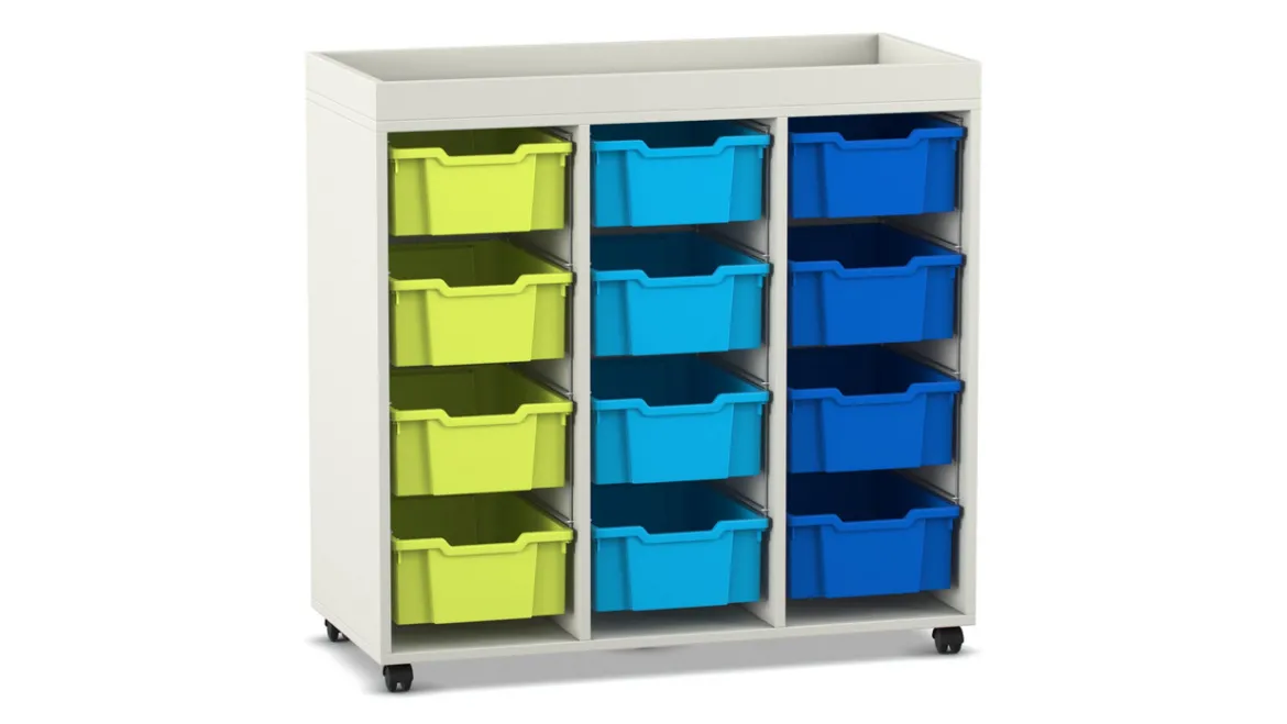 Flexeo Regal PRO weiß, 3 Reihen, 12 große Boxen bunt B, HxBxT: 105,6 x 108,5 x 48 cm,Rollen