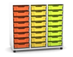 Flexeo Regal PRO weiß, 3 Reihen, Rollen, 24 kleine Boxen orange/gelb/grün, HxBxT: 99,1 x 108,5 x 48 cm