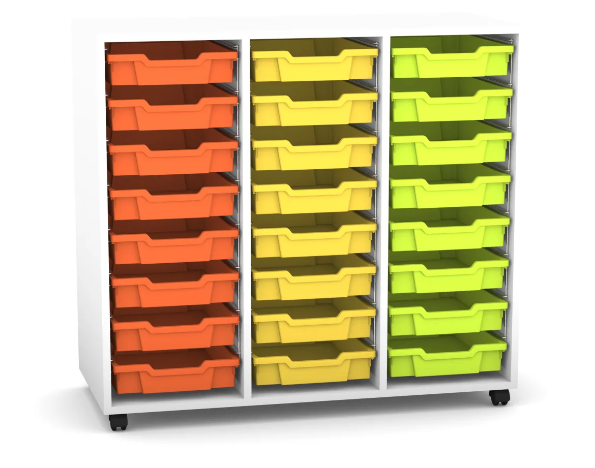 Flexeo Regal PRO weiß, 3 Reihen, Rollen, 24 kleine Boxen orange/gelb/grün, HxBxT: 99,1 x 108,5 x 48 cm