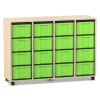 Flexeo Regal, 4 Reihen, Ahorn honig, HxBxT: 92,3 x 130,7 x 40,8 cm, 16 große Boxen grün, Rollen