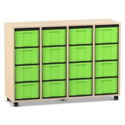 Flexeo Regal, 4 Reihen, Ahorn honig, HxBxT: 92,3 x 130,7 x 40,8 cm, 16 große Boxen grün, Rollen